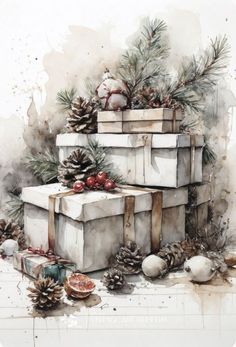 watercolor painting of christmas presents with pine cones, ornaments and firconies on top