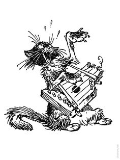 an ink drawing of a cat playing the harp with a bird on it's back