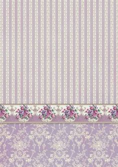 a purple and white striped wallpaper with pink flowers on the border, in an ornate pattern