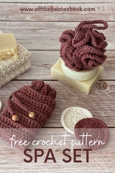 three crochet patterns for baby hats and mittens on a wooden surface with text overlay