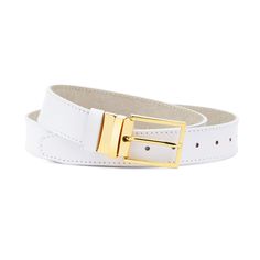 "A white belt gold buckle can bring out your festive masculine vibe. This thick white belt for men can easily spruce up your outfit making it look complete. Crafted out of genuine leather & enhanced with a gold buckle this belt is a good option for a wedding party or a laissez-faire party atmosphere in white. BELT SIZE: Choose from drop down menu above BELT WIDTH: 1 3/8\" | 3.5 cm LEATHER: Genuine leather, Italian COLOR: White BUCKLE: Gold color CONDITION: New INCLUDED: Dust bag ALL BELTS AR Modern White Belt For Formal Occasions, Modern White Formal Belt, Elegant White Belt Buckle, Belt Gold Buckle, Golden Belt, Belt For Jeans, Belt With Gold Buckle, Mens Belt, Cowboy Belt