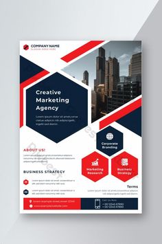 a red, white and blue business flyer template with geometric shapes on the front cover