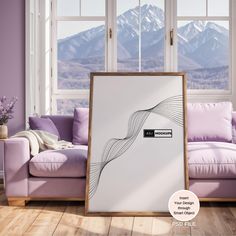 a living room with purple furniture and mountains in the background is featured on an ad