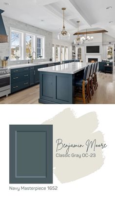 a kitchen with blue cabinets and an island in the center is painted gray by behrow