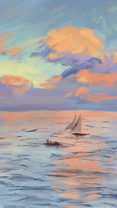 a painting of a sailboat in the ocean at sunset