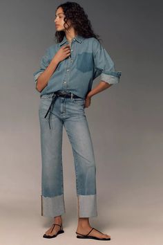 The Scotty Cuffed High-Rise Straight-Leg Jeans | Anthropologie Wide Cuff Jeans, Cuff Jeans, Western Clothing, Cuffed Jeans, Accessories Collection, Womens Dress Pants, Trendy Clothes For Women, Western Dresses, Boho Blouses