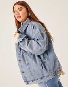 Curve Denim Trucker Jacket Plus Size Outerwear -2020AVE Denim Collared Outerwear With Buttoned Pockets, Oversized Denim Outerwear With Button Closure, Oversized Washed Blue Outerwear With Pockets, Oversized Denim Outerwear With Buttoned Pockets, Light Wash Collared Denim Jacket With Pockets, Denim Button-up Outerwear With Multiple Pockets, Oversized Single Breasted Outerwear In Medium Wash, Oversized Single Breasted Medium Wash Outerwear, Denim Jacket With Multiple Pockets For Fall