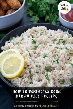 rice in a bowl with lemon and parsley on the side