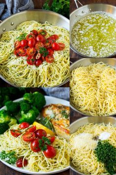 four pictures showing different types of pasta in pans with broccoli and tomatoes