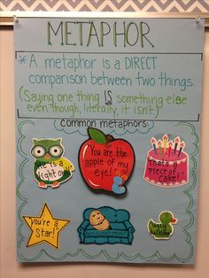 a bulletin board with magnets on it that says,'metaphor as a direct comparison between two things saying one thing is something interesting,