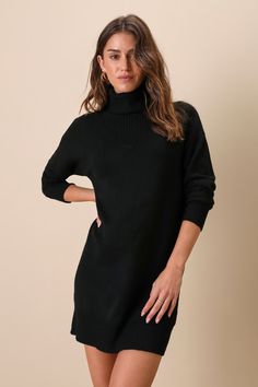 Minimum Effort, Maximum ChicEmbrace cooler temps by slipping on this cozy sweater knit dress with a turtleneck that creates a contrasting, triangular ribbed knit detail at the bodice for a modern touch. Comfy long sleeves frame the relaxed mini silhouette, perfect for making a stylish statement with your favorite knee-high boots. Ribbed knit accents the cuffs and hem. Fit: This garment fits true to size. Length: Mid-thigh. Size medium measures 32.75" from shoulder to hem. Bust: Great for any cup Black Sweater Dress Outfit, Black Turtleneck Long Sleeve, Casual Formal Dresses, Boots And Leggings, Sweater Dress Outfit, Sleek Dress, Business Outfits Women, Black Sweater Dress, Black Knit Dress