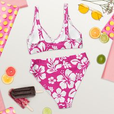 It’s so easy to fall in love with this bikini set. Removable pads and its double-layer make it comfy to wear all day by the pool or at the beach. • Fabric composition in the EU: 88% recycled polyester, 12% elastane • Fabric weight in the EU (may vary by 5%): 6.78 oz/yd² (230 g/m²) • Fabric composition in MX: 81% REPREVE recycled polyester, 19% LYCRA XTRALIFE • Fabric weight in MX (may vary by 5%): 7.52 oz/yd² (255g/m²) • Double-layered and non-reversible • Removable padding • Tear-away care labe Pink Vacation Swimwear With Uv Protection, Pink Swimwear With Uv Protection For Vacation, Pink Hawaiian Swimwear For Poolside, Tropical Seamless Swimwear For Sunbathing, Trendy Bra-friendly Swimwear For Beach Party, Trendy Bra Friendly Swimwear For Vacation, Trendy Bra-friendly Swimwear For Vacation, Summer Surfing Swimwear, Trendy Poolside Swimwear