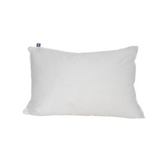 a white pillow with a blue button on the front and back side, against a white background