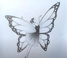 a black and white drawing of a woman in a dress with a butterfly on her back