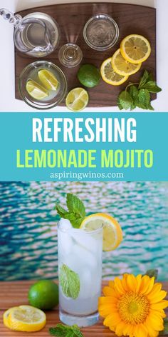 refreshing lemonade mojito with limes and mint on the side, in front of