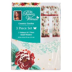 three piece set of window curtains with floral print and red flower on white background,