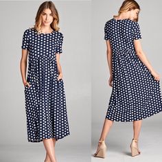 Navy Midi Dress With White Polka Dots And Pockets. Fits True To Size. Short Sleeve Polka Dot Dress For Day Out, Casual Polka Dot Midi Dress With Short Sleeves, Casual Polka Dot Midi Dress For Day Out, Casual Short Sleeve Polka Dot Midi Dress, Spring Polka Dot Knee-length Maxi Dress, Polka Dot Knee-length Dress For Day Out, Knee-length Polka Dot Dress For Day Out, Brooklyn Dress, Empire Dress