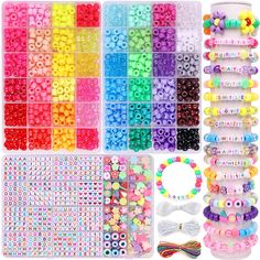 many different types of beads and bracelets are arranged in the same box, including one with