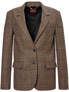 barley brown wool twill weave plaid check pattern front button fastening Ulster lapels chest welt pocket two front flap pockets long sleeves buttoned cuffs American rear vent straight hem Satin Blazer, Corduroy Blazer, Houndstooth Blazer, Yoko London, Twill Weave, Iconic Bags, Exclusive Fashion, Ski Wear, Wool Blazer