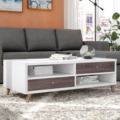 Ivy Bronx | Ivy Bronx Agatha Coffee Table w / Storage 16.5 H x 47.25 W x 23.25 D in brown / gray / Wood in White | 23.25" L x 47.25" W x 16.5" H | Wayfair Meja Sofa, Coffee Table Glass, Wooden Work, Table Making, Coffee Table With Drawers, Table Glass, Contemporary Coffee Table, Grey Decor, Coffee Table White