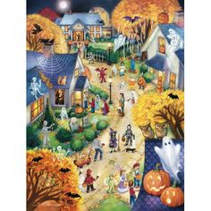 a halloween scene with pumpkins and people