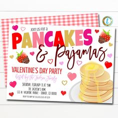 this is a valentine's day party card with pancakes and hearts on the front