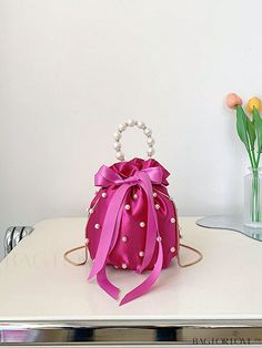 BagForLove - Chic Mini Pearl-Embellished Bucket Bag Chic Pink Bucket Bag As Gift, Pink Party Bucket Bag, Pink Bucket Bag For Party, Pink Bucket Bag For Parties, Pink Bucket Bag, Sac Diy, Potli Bag, Embellished Bags, Diy Bag Designs