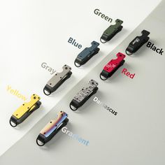 several different types of lighters are shown in this graphic design, with the words blue, green, red, yellow and black