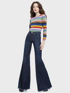 Retro High Rise Denim Flares, 1970s Style High Rise Jeans, Levi’s 70s High Flare Outfit, 60s Jeans, Retro High-rise Flare Jeans, 1970s High Rise Denim Bottoms, Focused Aesthetic, Donna Pinciotti, 60s Fashion Trends