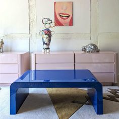 Extra large postmodern deep blue lacquered waterfall coffee table, USA 1980s. In great condition, and such an excellent vibrant colour.  Hard to find this style of table these days. Beach Loft Apartment, Diy Vintage Coffee Table, Post Modern Console Table, Furniture Design Mood Board, Dark Blue Coffee Table, Styled Coffee Table, Bright Coffee Table, Funky Coffee Table, Vibrant Furniture