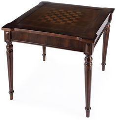 a wooden table with a chess board on it's top and legs in the middle