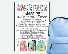 a blue backpack with the words back pack on it