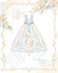 a drawing of a dress with flowers on the front and back, in pastel colors