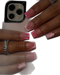 Shorties French Tip, Hot Pink Overlay Nails, Red And Pink French Tip Nails Short, Short Acrylic Nails Birthday Set, French Tip Overlay Nails, Simple Birthday Nails Short, Short Croc French Tip Nails, Magenta Short Nails, Cherry Red French Tip Nails Square