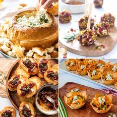 four different pictures with food on them including breads, appetizers and dips