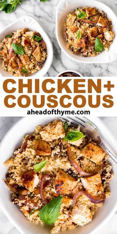 chicken and couscous with onions in white bowls