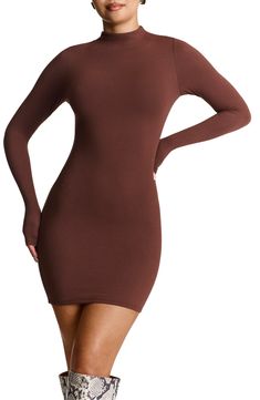 A skintight fit and stretch-enhanced construction lend a streamlined aesthetic to a long-sleeve minidress that's sure to turn heads at your next night out. Slips on over head Jewel neck Long sleeves Lined 95% viscose, 5% spandex Hand wash, dry flat Imported Elastane Bodycon Dress For Fall, Brown Stretch Bodycon Dress With Long Sleeves, Sleek Long Sleeve Mini Dress For Fall, Brown Stretch Mini Length Bodycon Dress, Solid Long Sleeve Bodycon Mini Dress, Brown Stretch Bodycon Mini Dress, Brown Stretch Mini Bodycon Dress, Sleek Solid Color Mini Bodycon Dress, Fitted Brown Long Sleeve Mini Dress