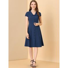 Featuring a button-down finish, this shirt dress is perfect for both formal and casual occasions. The midi length and short sleeves are comfortable and elegant. This short-sleeved button-up dress is made of soft cotton material, ensuring you'll stay comfortable all day, making it a stunning addition to your modern wardrobe without hesitation. The collar and short sleeves add elegance to your casual or formal look. Fastened with buttons, this dress features an A-line silhouette with a pointed col Midi Button Down Dress, Dresses Navy Blue, Line Dresses, Plus Size Brands, Cotton Shirt Dress, A Line Dresses, Cardigan Shirt, Cap Dress, Modern Wardrobe