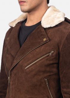 Exhibiting some classic style with rustic elements and detail, this Furton Mocha Suede Biker Jacket is a style statement within itself. A suede finish, goatskin made biker jacket that has a viscose lining, offers some amazing detail that can be seen along the notch collar, in the form of a detachable fur, zippered cuffs to match the zipper front closure and waist belt for some awesome impact. It's a leather piece that has been given quality craftsmanship that you will simply enjoy. Winter Brown Suede Biker Jacket, Winter Biker Outerwear With Belt, Winter Biker Style Belted Outerwear, Brown Leather Biker Jacket, Maroon Leather Jacket, Brown Leather Coat, Tan Leather Jackets, Suede Biker Jacket, Suede Biker