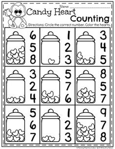 a printable candy heart counting game for children to practice counting and number recognition skills