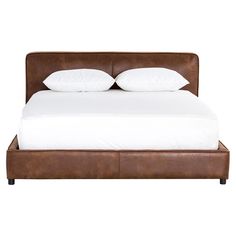 the bed has two pillows on it and is made in brown leather with white linens