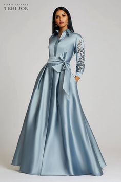 Teri Jon :: Taffeta Shirt Dress Gown With Eyelet Sleeve and Collar Mother Of The Bride Dresses Long, Ruffle Gown, Teri Jon, Gaun Fashion, Mother Of Groom Dresses, Mob Dresses, Full Length Skirts, Tea Length Dresses, Dress Gown