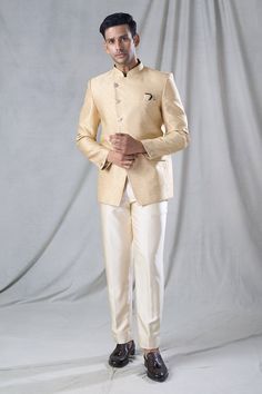 Gold jodhpuri with all over floral butti pattern. Paired with a straight fit gold trouser. - Aza Fashions Trouser For Men, Trouser Pattern, Buy Gold, Jacquard Weave, Pocket Square, Aza Fashion, Flower Pattern, Full Sleeve, Stand Collar