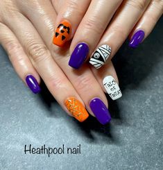 Purple And Orange Fall Nails, Orange Purple Halloween Nails, Purple Orange Halloween Nails, Orange Black Purple Green Halloween Nails, Purple And Orange Nails Halloween, Halloween Nails Orange Purple, Purple And Orange Nail Designs, Purple And Orange Halloween Nails