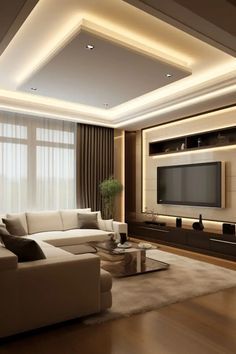 modern living room with white couches and large flat screen tv mounted on the wall