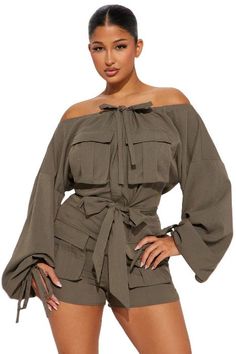 Women's fashion rompers, shoulder off, long sleeves, front pockets, cargo style look Model size small 5'8" 36-26-38 S: Bust 41, Waist 24.4, Length 28M: Bust 43, Waist 26, Length 28.7L: Bust 44.5, Waist 27.6, Length 29XL: Bust 46, Waist 29, Length 29.52XL: Bust 47.5, Waist 30.7, Length 30Made In: CHINAFabric Contents: 95% POLYESTER 5% SPANDEX Cargo Style Jumpsuits And Rompers For Workwear In Fall, Fall Workwear Cargo Jumpsuits And Rompers, Fall Cargo Style Overall Jumpsuits And Rompers, Fall Cargo Style Jumpsuits And Rompers, Fall Cargo Style Overall Jumpsuit, Fall Jumpsuits And Rompers With Pockets, Oversized Long Sleeve Jumpsuits And Rompers For Fall, Casual Jumpsuits And Rompers With Cargo Pockets For Fall, Utility Style Khaki Jumpsuits And Rompers For Fall