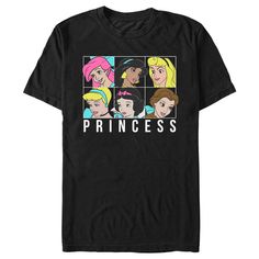 If you can't decide which of the Disney characters is your favorite… now you don't have to! Celebrate all of your favorites with this officially licensed Disney Princess Squares Men's Graphic T-Shirt! This cute tee features portraits of Ariel, Jasmine, Aurora, Cinderella, Snow White, and Belle in bright print across the front. Dress in style this season with this new fun apparel today that is perfect for Disney fans everywhere! Character Print T-shirt For Disney Fan Events, Disney T-shirt With Front Print, Disney T-shirt With Front Print For Fan Events, Black Disney Fan Merchandise T-shirt, Disney Black T-shirt With Character Print, Disney Character Print T-shirt For Fan Events, Disney Character Print T-shirt For Disney Fan Events, Black Disney Character Print T-shirt, Disney Graphic Print T-shirt For Fans