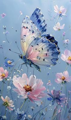 two butterflies flying over pink and blue flowers in the sky with water reflection behind them