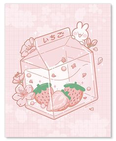 a pink poster with strawberries in a glass box and flowers on the bottom half