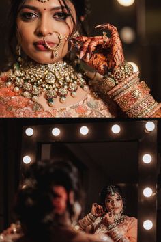 a woman is getting her makeup done in front of a mirror with lights on it